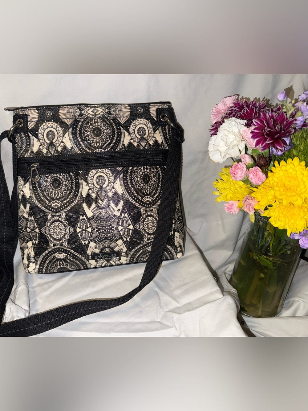 Sakroots Black & Cream Mandala Print Crossbody Bag